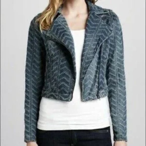 Free People Chevron Textured Denim Moto Jacket - Size 2 - Picture 1 of 9